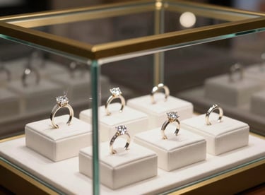 A stunning display of custom-designed engagement rings inside a white and gold lit glass showcase.