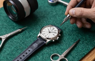 A luxury Swiss timepiece disassembled for servicing on a clean green felt mat with precision instruments.