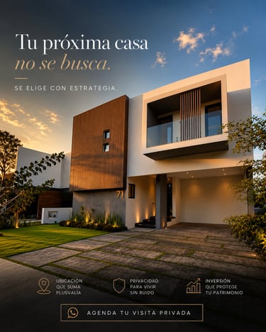 Modern luxury home exterior at sunset featuring a two-story design with wood panels and real estate text.