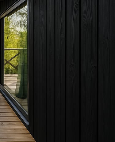 Maison en bois peinte en peinture suédoise noire avec contours de fenêtres blancs
