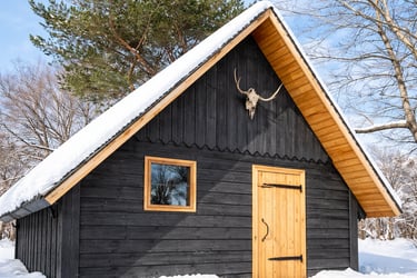 Un chalet sous la neige peint en couleur noire proche du noir de flun 