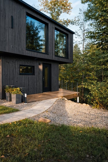 Une maison contemporaine peinte en peinture suedoise grise avec un rendu mate