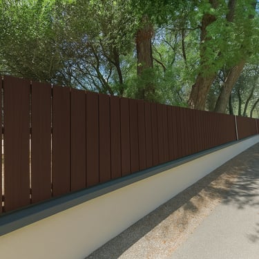 vue depuis une rue d une cloture en bois avec peinture suedoise marron 