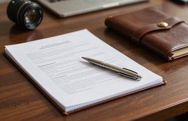 A sharp focus on legal documents, a silver pen, and a leather folder on a mahogany desk in a South Asian / Pakistani professional setting.