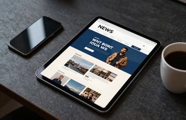 A top-down view of a modern desk with a tablet, smartphone, and coffee cup. The tablet screen shows a steel blue and soft off-white news website interface.