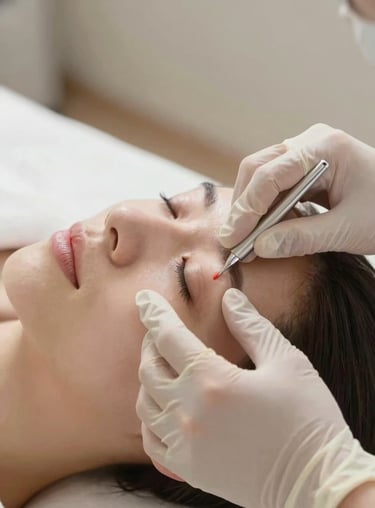 Extreme close-up of two hands in clinical gloves applying a precise facial treatment to a client's cheek, diffused north-facing daylight, clean white treatment bed visible at the edge, soft neutral background, no face shown