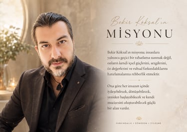 Portrait of Bekir Köksal presenting his spiritual awareness vision with Turkish text and a golden world map background.
