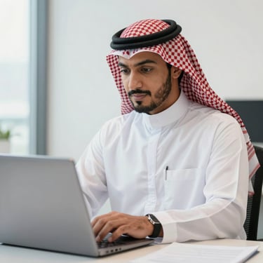 A professional man in business attire in a modern Saudi office, looking focused while working on a digital project.