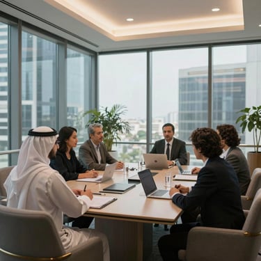 A collaborative meeting room in a Riyadh corporate building with floor-to-ceiling windows and high-end modern furniture.