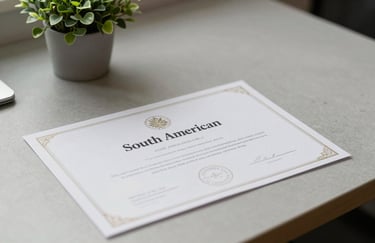 Close-up of a certificate and professional stationery on a minimalist desk, light gray tones with a small leaf green plant, South American style.