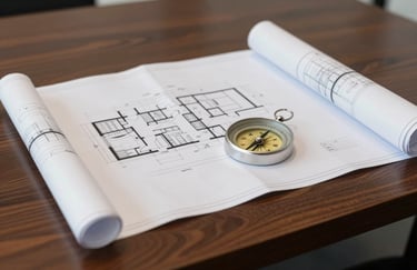 Clean, high-detail photography of architectural blueprints and a compass resting on a dark wood table in a professional North American boardroom, sharp focus, authoritative mood.