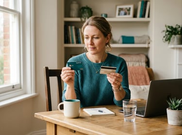 woman looking at personal and business bank card