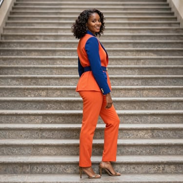 A confident woman looking upward, surrounded by a subtle cosmic overlay symbolizing guidance and potential.