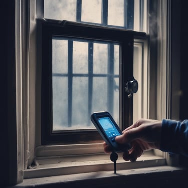 A person testing window insulation with a digital thermal leak detector device to improve home energy efficiency.