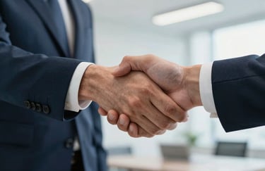 A close-up of a firm, professional handshake in a bright office. The sleeves of the suits are slate blue and dark navy, symbolizing trust and a closed deal.