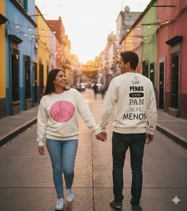 Pareja caminando por una calle colorida vistiendo sudaderas a juego con concha y texto en español.