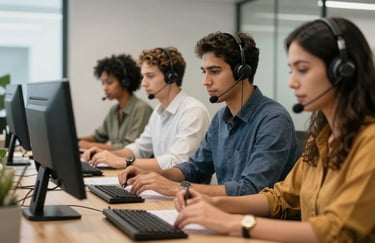 A group of focused customer service representatives in a modern Brazilian office, collaborative and organized workspace.