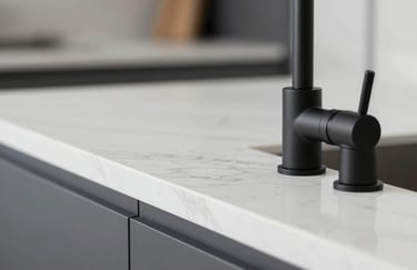 Close-up of a high-end kitchen detail featuring white marble countertops and a minimalist matte black fixture (#2B3E51). Clean, professional, and sophisticated focus on materials.