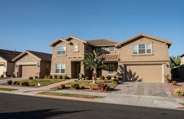 A high-quality photo of a residential street in a Greater Phoenix suburb, showcasing well-maintained homes with warm taupe exteriors and neat xeriscaped front yards under a clear blue sky.