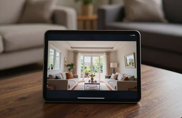 A close-up photograph of a tablet screen displaying a clear, recorded video tour of a bright house interior. The surrounding room is out of focus, featuring warm taupe and deep charcoal brown furniture.