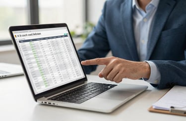 A professional economist in business casual attire pointing at detailed construction cost estimates on a laptop in a bright, modern office.