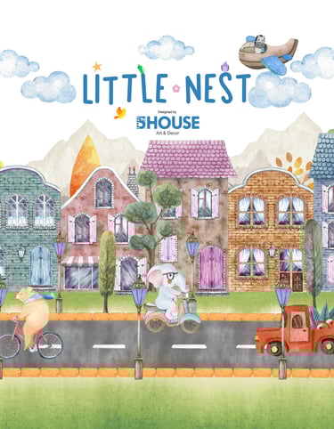 Whimsical nursery wall art featuring watercolor animals driving a scooter, car, and bicycle through a colorful town.