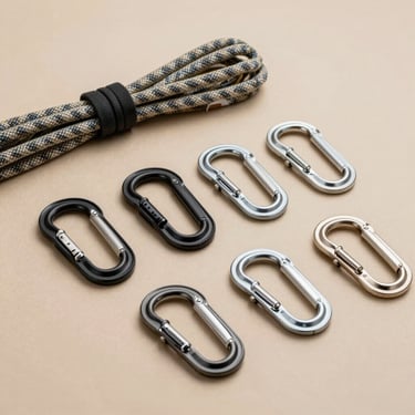 Still life photography of professional arborist climbing equipment, including climbing ropes and carabiners, arranged neatly on a sand-colored surface, clean and professional lighting.