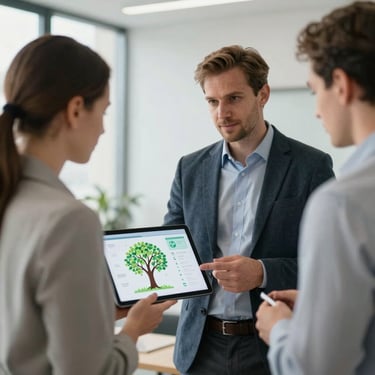 A professional consultant in business-casual attire presenting a digital tree health assessment on a tablet to a municipal official in a bright, modern Polish office setting.