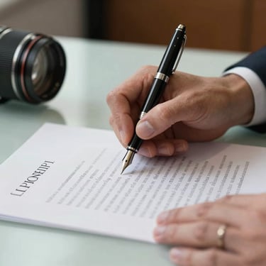 Close-up photography of a professional signing a document with an expensive fountain pen on a desk in a London office, symbolizing integrity and commitment.