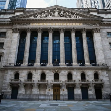 A wide-angle photography of the London Stock Exchange area, representing market expertise and regulatory compliance, with dark blue and slate grey tones.