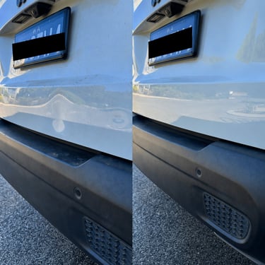 Before and after bumper dent repair using paintless dent removal.