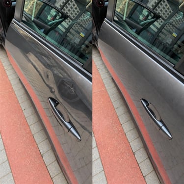 Before and after comparison of paintless dent repair on a grey car door.