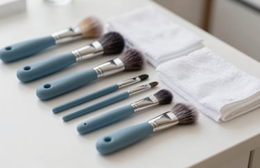 An array of premium detailing brushes and microfiber towels laid out neatly on a clean table. The lighting is bright and professional. The tools are clean, suggesting high standards. Subtle hints of #6D97AD blue in the tool handles or towels. Professional craftsmanship vibe.