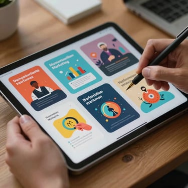 A high-quality shot of a creative digital marketing design process on a tablet with vibrant visual ads and soft ambient lighting.