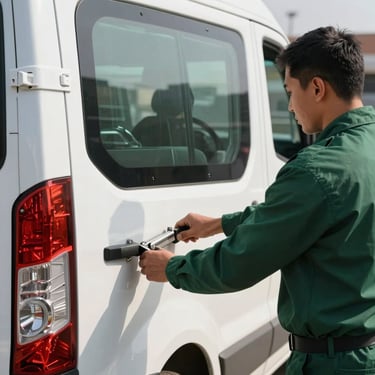 Close up of a professional in a green uniform securely locking the rear door of a modern white transport van, morning light in an urban Peruvian setting.