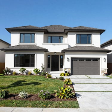 A high-end North American / US residential real estate office in California, showing a modern glass table and architectural blueprints, with soft mist grey and steel blue decor.