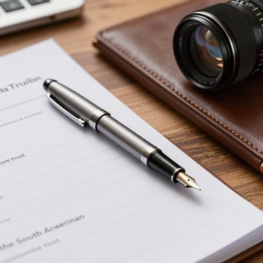 A close-up shot of a high-quality fountain pen and a leather-bound folder on a wooden desk, symbolizing professional documentation and corporate trust in a South American office.