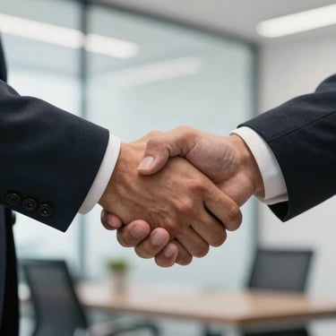 A close-up of two South American business professionals shaking hands firmly in a bright office environment, representing trust and a successful partnership.