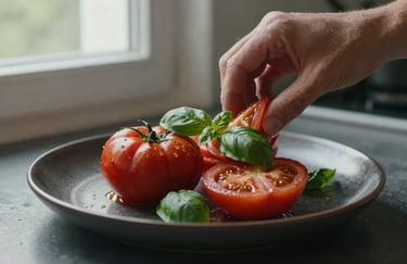 Close-up of a hand styling a dish of fresh heritage tomatoes and basil on a dark ceramic plate. Soft, natural light coming from a nearby window in a Northern European kitchen.