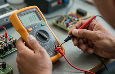 Detail of an engineer's hands holding a multimeter to test an electrical circuit, technical focus, high precision, South American setting.