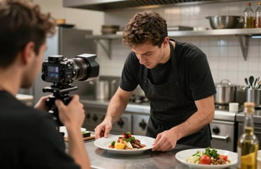 A behind-the-scenes shot of a content creator in a North American / Western commercial kitchen carefully arranging a plate of food for a professional photo shoot.