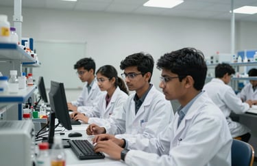 South Asian students in white lab coats working together in a state-of-the-art engineering laboratory at a top private college, focused and aspirational mood, modern equipment.