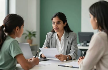 A South Asian education consultant in a modern, professional office setting discussing college options with a young student and their parent, clean interior design with Sage and Dark Green decor.