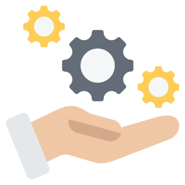 A flat illustration of a hand holding three interlocking gears to represent business process optimization.
