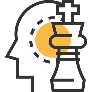 A conceptual line icon of a human head silhouette with a chess piece king representing strategic thinking and planning.