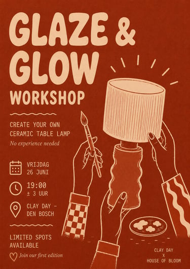 Glaze and Glow Workshop poster for a ceramic table lamp making class in Den Bosch.