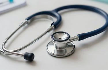 A close-up of high-quality medical tools like a stethoscope resting on a soft off-white desk in a North American / US clinical setting with steel blue accents.