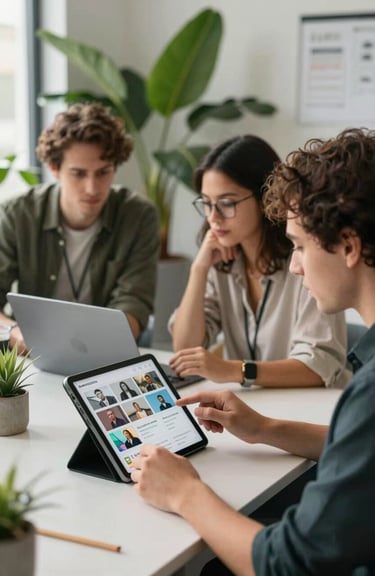 A creative team managing social media content on a tablet, modern bright office with matte forest green plant accents.