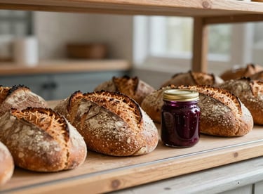 A rustic scandinavian bakery display featuring artisan bread and a jar of deep ripe crimson jam, soft morning light.