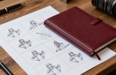 Behind-the-scenes agency work, a storyboard on a wooden table with a deep ripe crimson notebook and crisp parchment paper sketches.